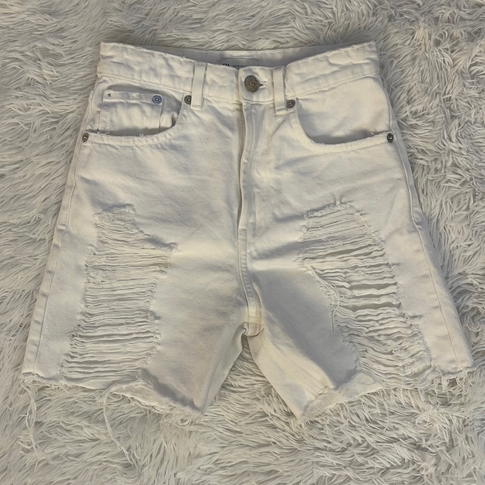Zara White Jean Shorts, distressed and ripped, size 2.